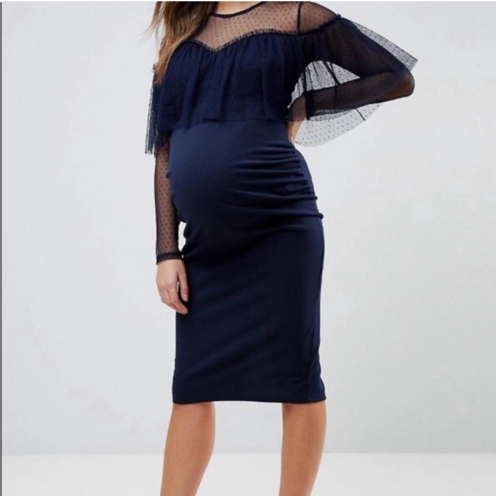 ASOS Maternity Dobby Long Sleeve Ruffle Bodycon Midi Dress Sz 6 NWT